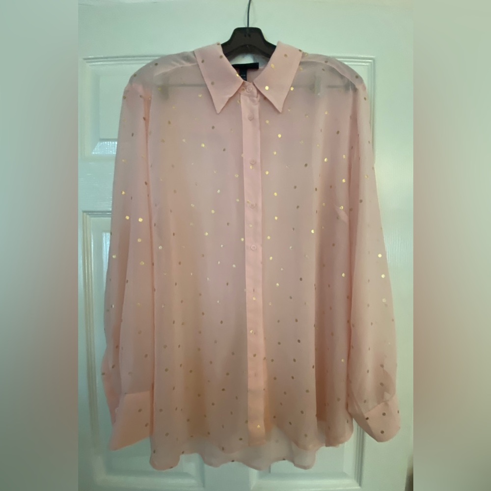 Pretty pink sheer blouse with gold polka dots by size 18/20 by Lane Bryant.